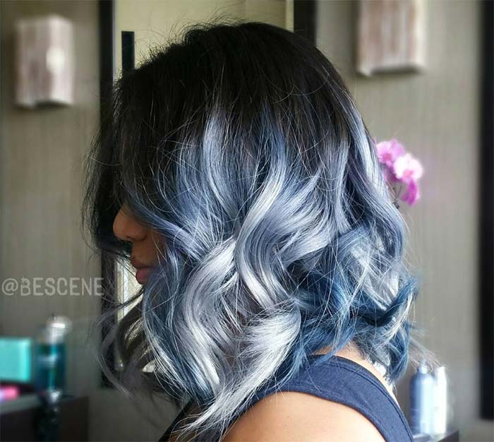 Blue Denim Hair Colors: Asymmetrical Acid Washed Ombre Bob