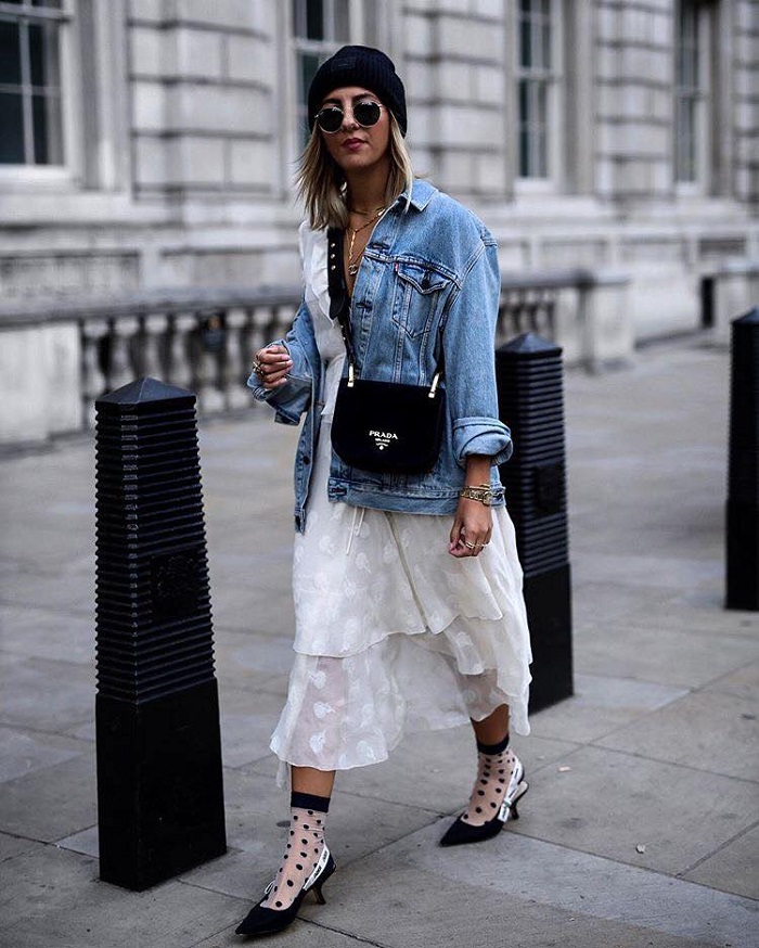Socks and Heels Is the Statement Combo You Need in Your Life white dress denim jacket